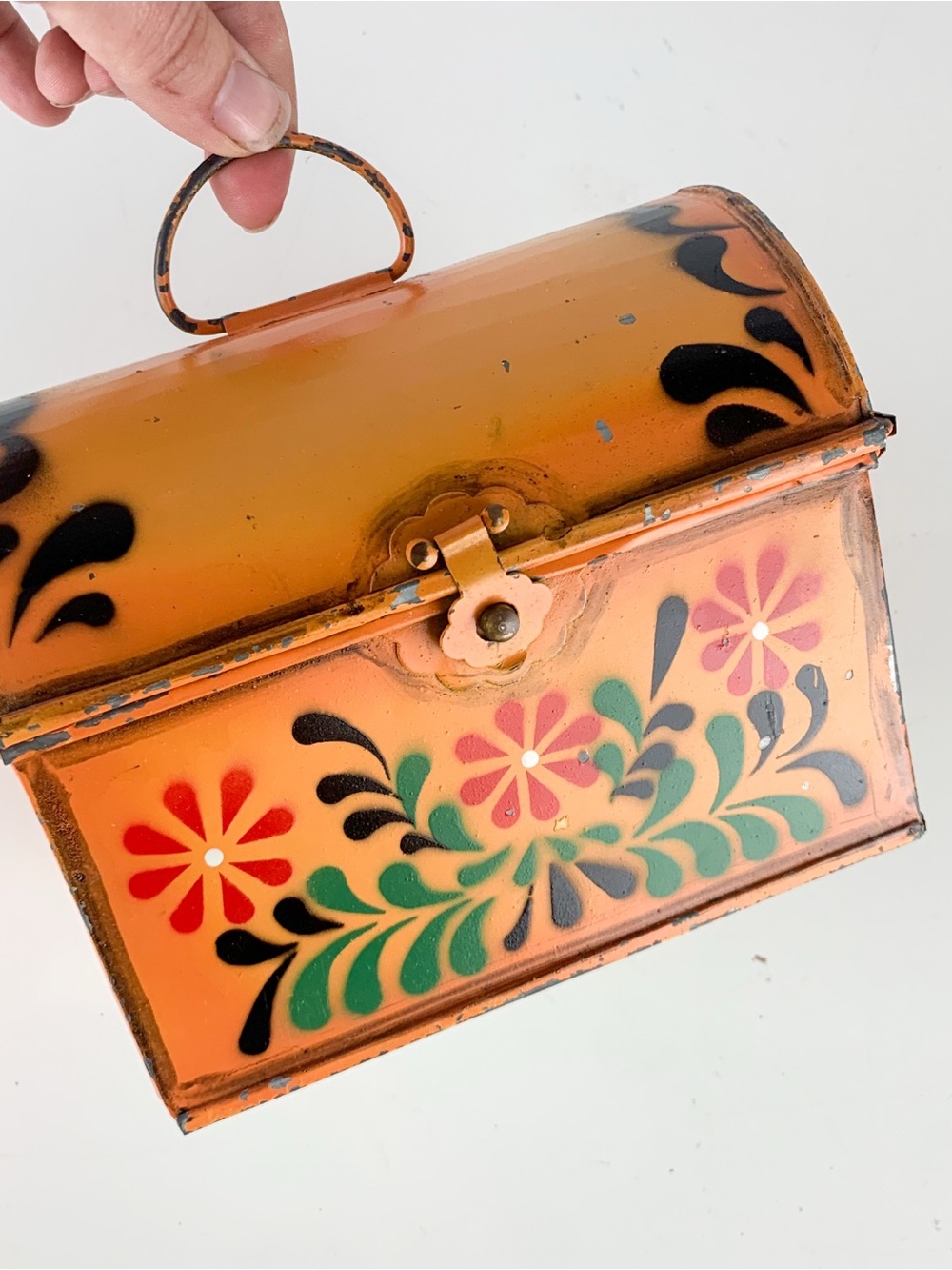 Vintage Hand Painted Orange Floral Miniature Tin Toleware Recipe Valuables Box